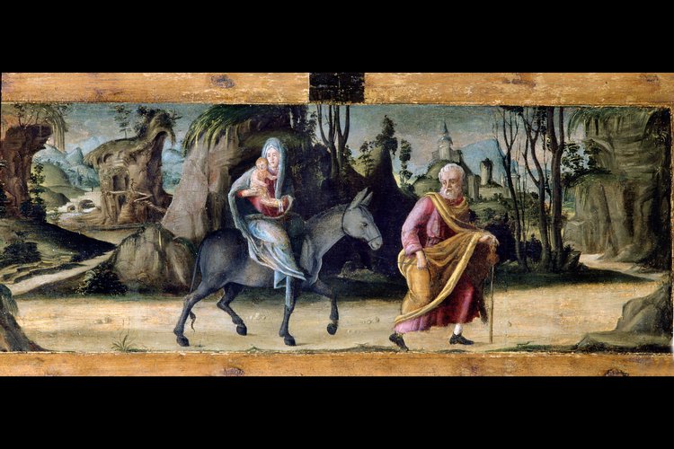 Pellegrino da San Daniele, San Giuseppe con il Bambino, 1500-1501, predella, Fuga in Egitto
